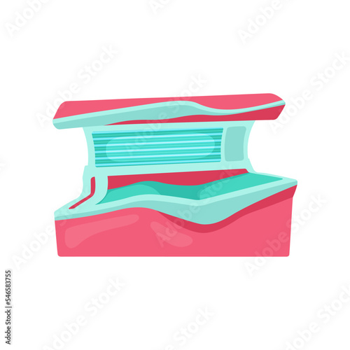Pink and blue opened tanning bed illustration. Cosmetic procedure in spa salon, horizontal sunbathing machine or bed. Solarium, wellness, recreation, care, relaxation concept