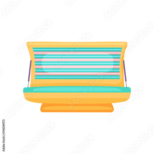 Yellow opened tanning bed illustration. Cosmetic procedure in spa salon, horizontal sunbathing machine or bed. Solarium, wellness, recreation, care, relaxation concept