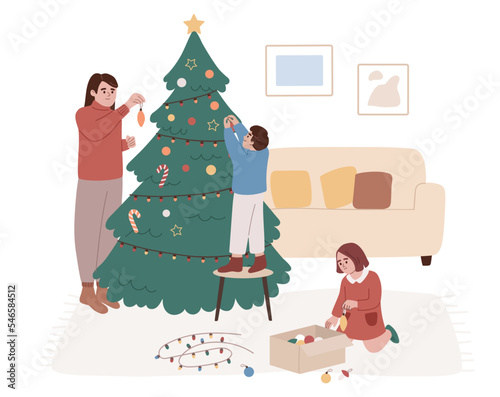 Mother and children decorating Christmas tree. Christmas eve. New Year celebration. Woman, boy and girl preparing for the festivity. Cozy evening at home. Christmas bulbs, garlands. Flat vector 