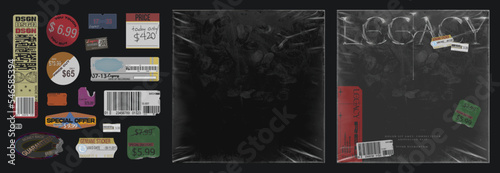 Realistic plastic wrap overlay for album cover art design with collection of fully editable stickers. shrink wrapped plastic sleeve for cover art vector mockup © Anjar G