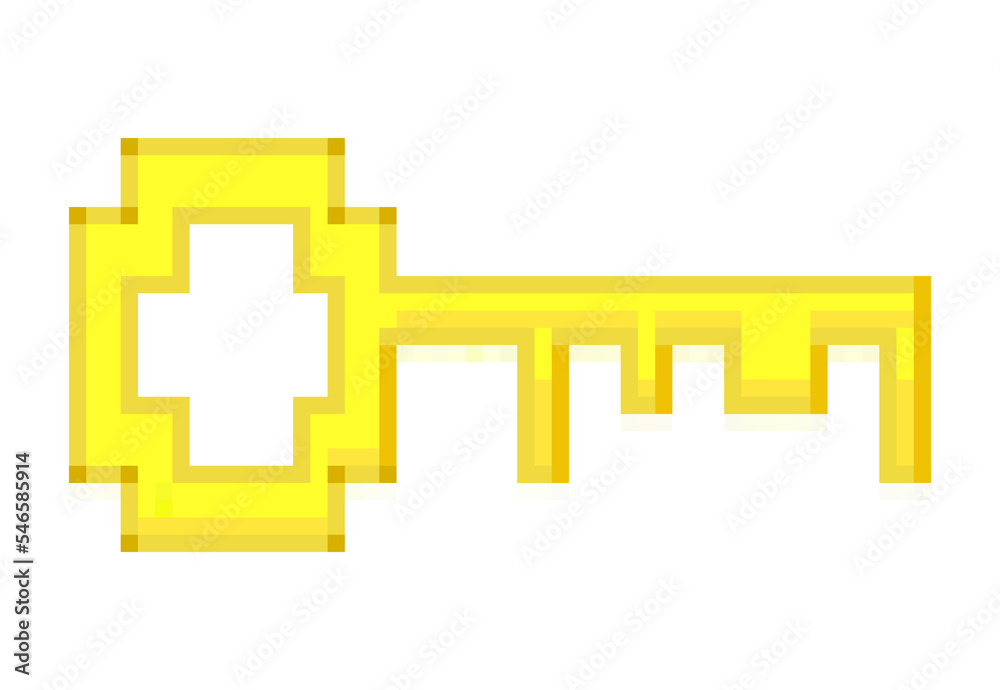 Obraz premium A simple yellow golden key, pixel art style. Rough design. key,pixel art,8 bit,simple,rough,flat,game item,video game,symbol,access,golden,locking,damaged,opportunity,pixellated,symbolic,achievement,b