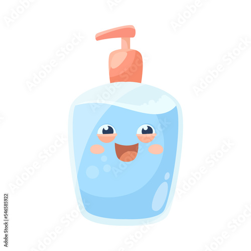 Funny bottle of hand soap cartoon illustration. Colorful animated personal hygiene product with cute face laughing isolated on white background. Bathroom concept.