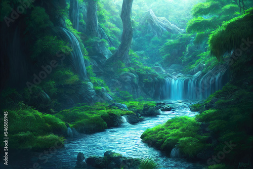 rainforest scene witha small river, anime art