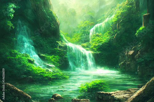 a beautiful small waterfall scene in a rainforest  anime art