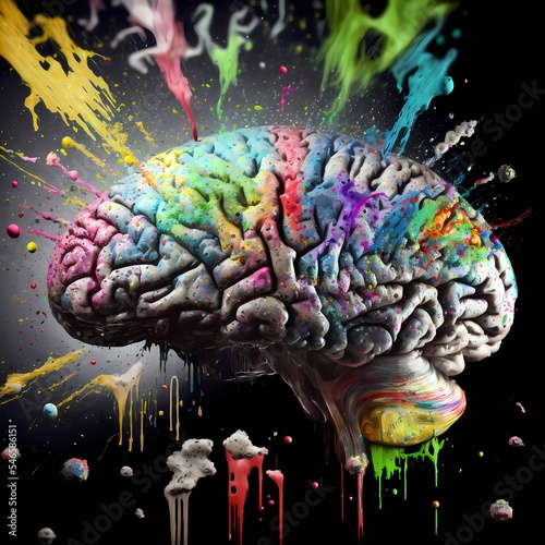 Conceptual illustration showing the human brain of multiple genders, more than two. Identifying as a non-binary, transsexual or LGBTQUARTO person. Rainbow explosion  photo