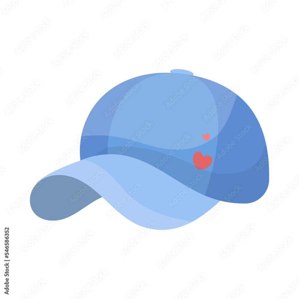 Side view of blue baseball cap with heart vector illustration. Sports hat with visor for children and adults isolated on white background. Headwear, fashion, summer concept Side view of blue baseball cap with heart vector illustration. Sports hat with visor for children and adults isolated on white background. Headwear, fashion, summer concept