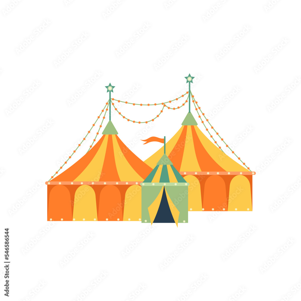 Orange and yellow circus tents vector illustration. Circus domes for amusement park, funfair or event isolated on white background. Circus, festival, entertainment concept Orange and yellow circus tents vector illustration. Circus domes for amusement park, funfair or event isolated on white background. Circus, festival, entertainment concept