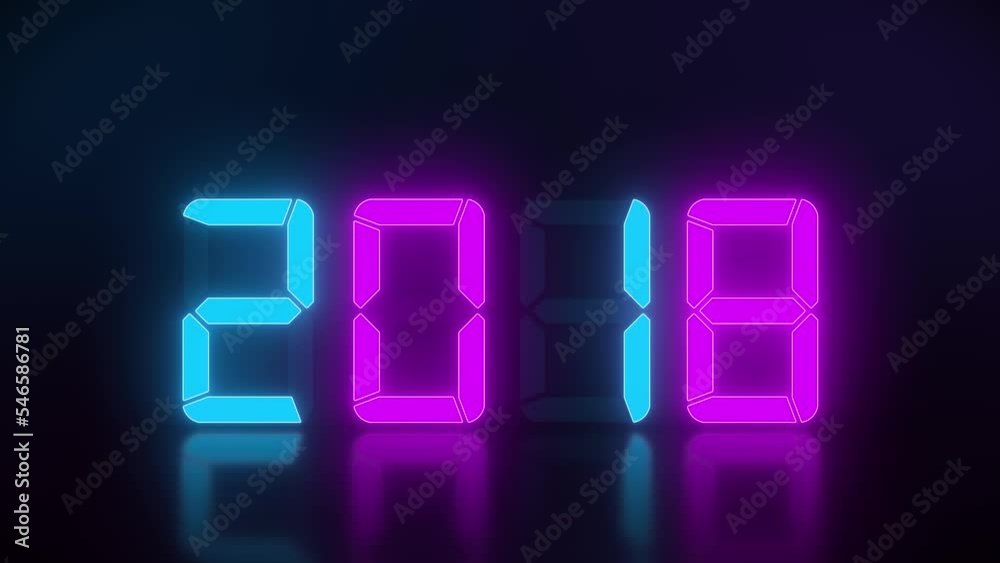 Video animation of an LED display in blue and magenta with the continuous years 2000 to 2023 on a reflective floor - represents the new year 2023 - holiday concept Video animation of an LED display in blue and magenta with the continuous years 2000 to 2023 on a reflective floor - represents the new year 2023 - holiday concept