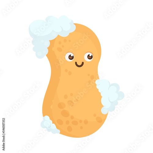 Funny bath sponge with foam cartoon illustration. Personal hygiene product with cute face isolated on white background. Bathroom concept