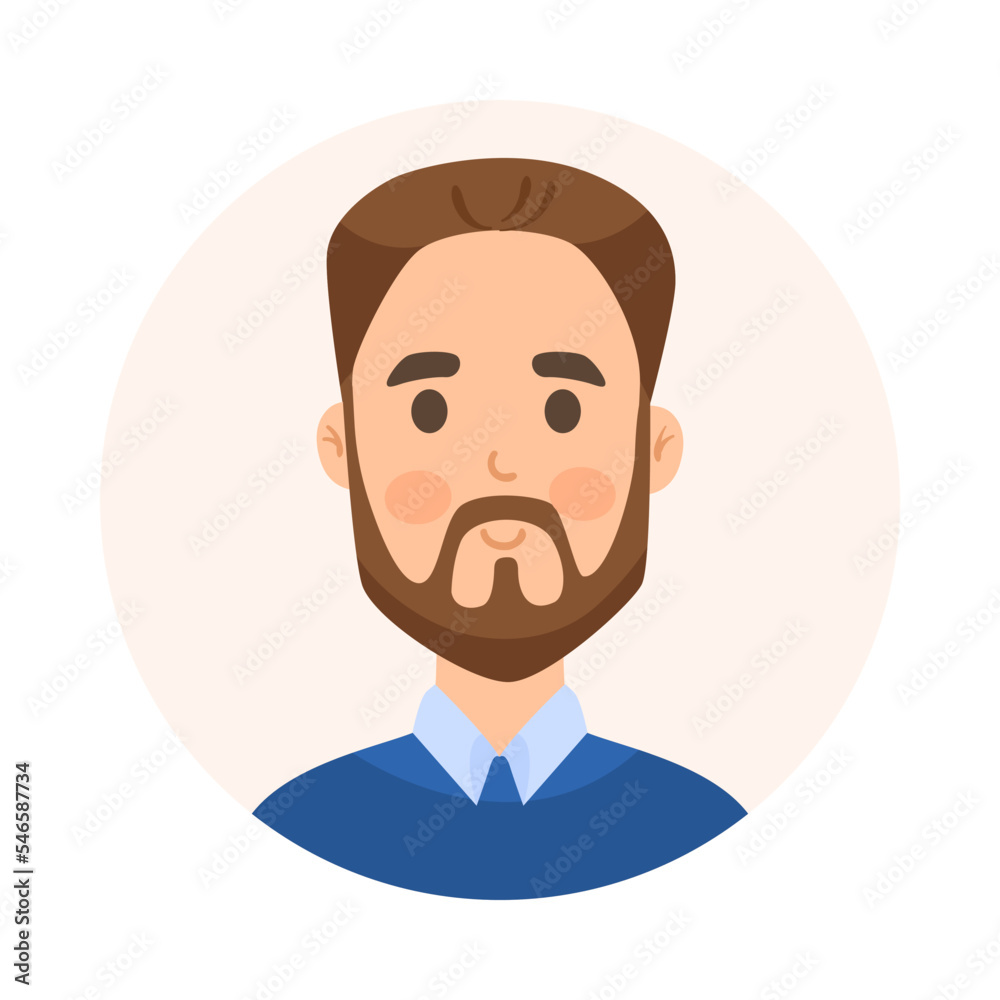 Dark-haired man with beard avatar cartoon illustration. Face or portrait of happy user of social networks in circle on white background. Cyberspace, diverse concept Dark-haired man with beard avatar cartoon illustration. Face or portrait of happy user of social networks in circle on white background. Cyberspace, diverse concept