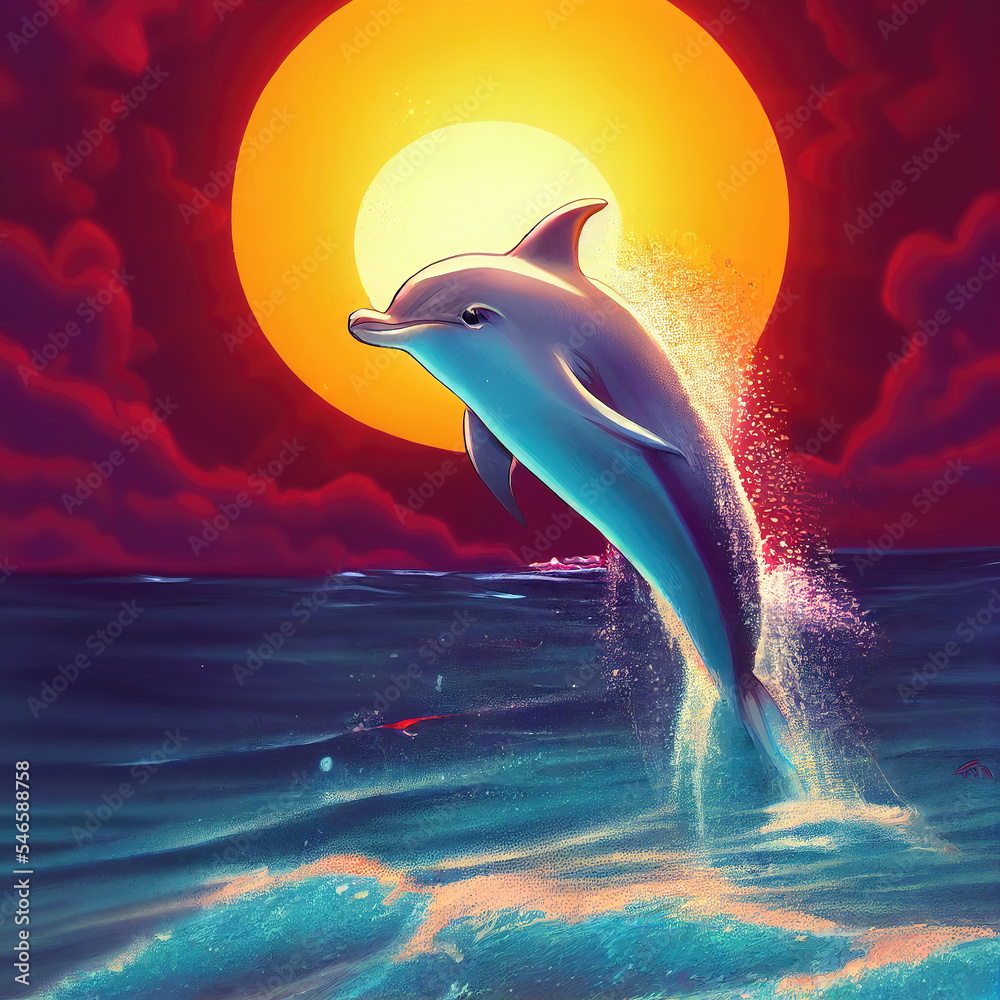 a dolphin jumping out of water in front of a colorful horizon