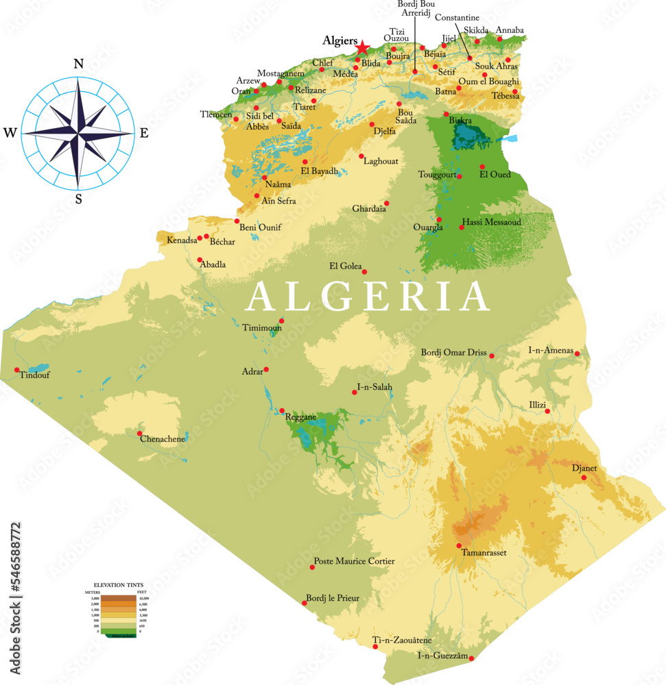 Algeria highly detailed physical map - obrazy, fototapety, plakaty 