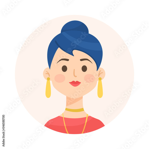 Elegant woman with blue bun avatar cartoon illustration. Face or portrait of happy user of social networks wearing jewelry in circle on white background. Cyberspace, diverse concept