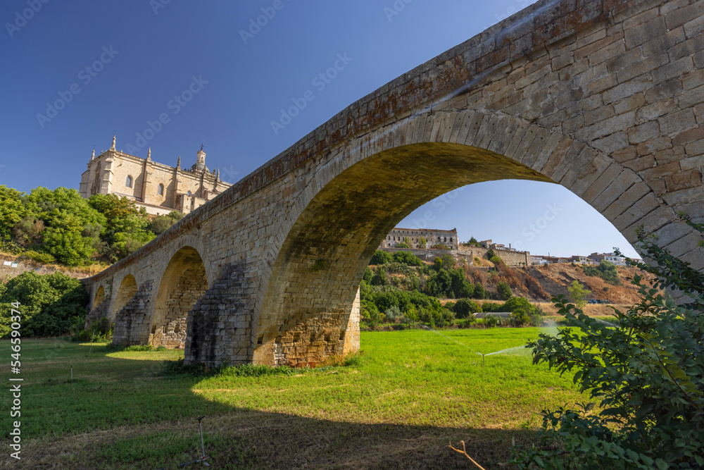 Roman Bridge and Cathedral, Coria, Caceres province, Extremadura, Spain
