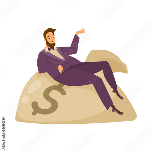 Rich man lying on huge bag of money cartoon illustration. Happy millionaire or banker in suit on sack with dollar sign isolated on white background. Wealth, finance, success concept