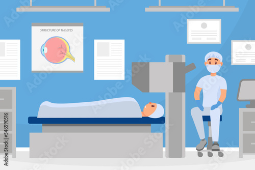 Professional optician doing laser correction. Ophthalmologist doctor checking eye sight of patient. Eye surgery cartoon vector