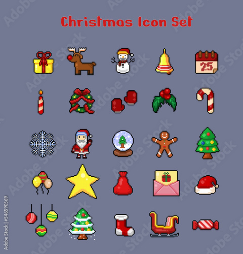 christmas icon collection set in pixel art style