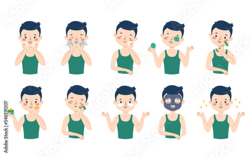 A man takes care of his facial skin step by step. Big vector set. Isolated on white background