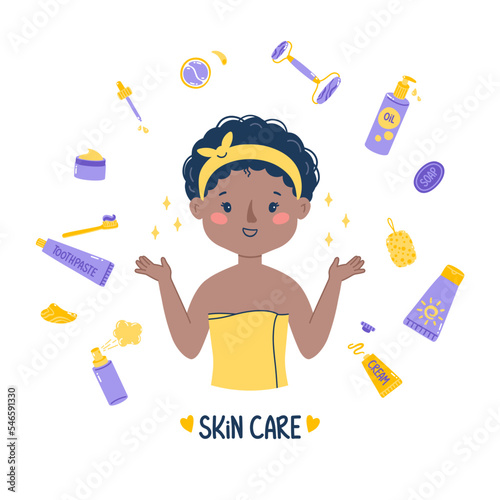 African American woman taking care of her facial skin. Round frame made of cosmetics. Cute vector illustration isolated on white background
