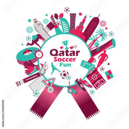 Football sports competition, Qatar tourist icon set. Doha background in color national flag. National day. Middle eastern football. Frame layout.