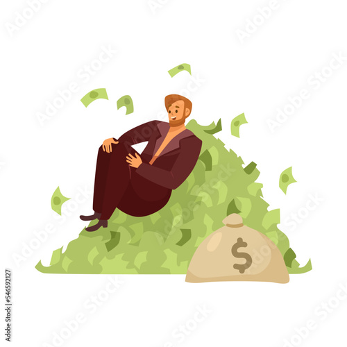 Rich man sitting on huge pile of money cartoon illustration. Happy millionaire or banker in suit with bag of banknotes isolated on white background. Wealth, finance, success concept