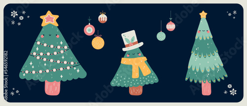 Cute christmas tree set with christmas ornaments and snowflakes. Vector illustration.