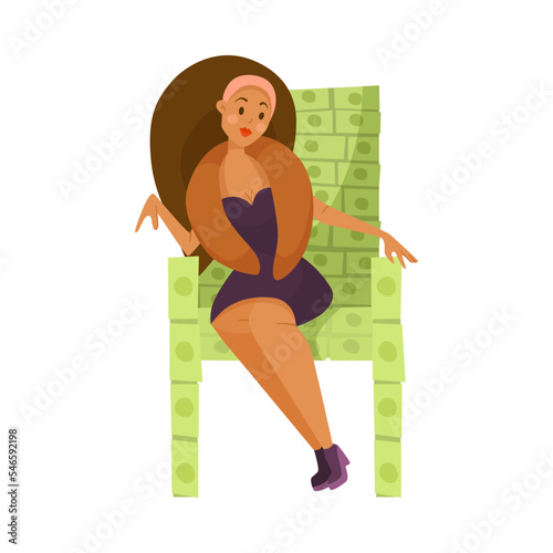 Businesswoman sitting on dollar bill chair cartoon illustration. Happy millionaire or banker in suit on chair made of banknotes isolated on white background. Wealth, finance, success concept