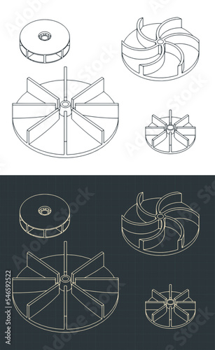Water pump impellers isometric blueprints set