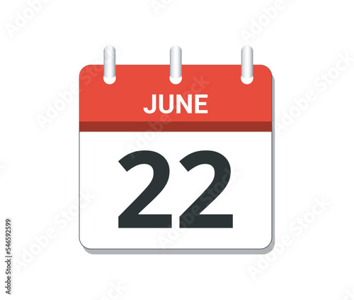 June 22nd calendar icon vector. 