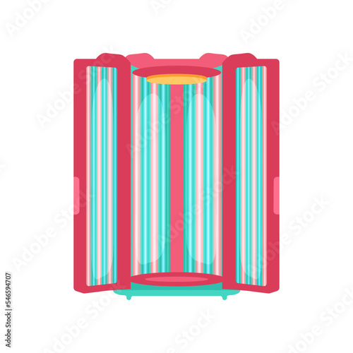 Red opened tanning cabin illustration. Cosmetic procedure in spa salon, vertical sunbathing machine or cabin. Solarium, wellness, recreation, care, relaxation concept