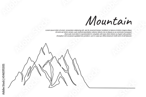 Continuous one line drawing of mountain landscape. High mounts peak lineart drawing vector design. Adventure, winter sports, hiking and tourism concept.