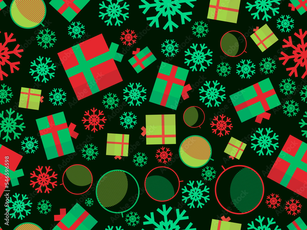 Christmas seamless pattern with Christmas balls, snowflakes, 3d gift boxes. Christmas pattern in memphis geometric style. Xmas design for printing and banner. Vector illustration