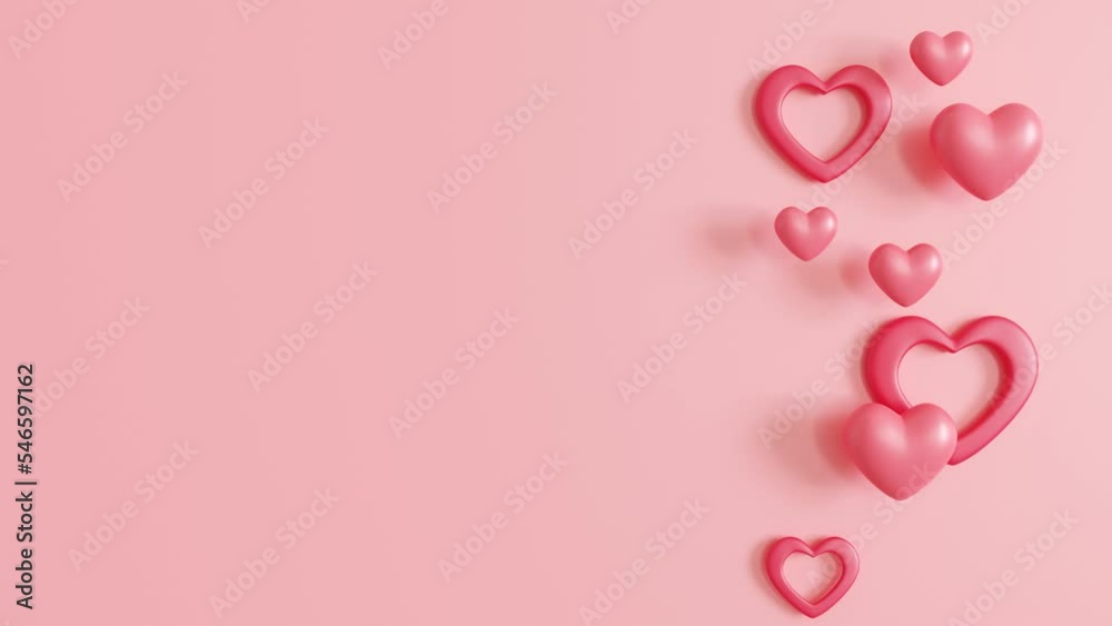 Pink animated background with hearts and copy space. Valentine's Day, Mother's Day, Wedding backdrop. Empty space for advertising text, invitation, logo. Trendy design. Love symbol. 3D animation.