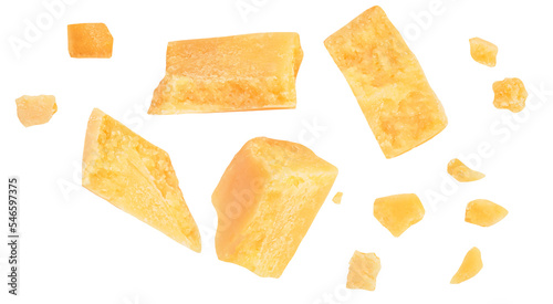 Pieces of parmesan cheese isolated on white background. Hard mature cheese Parmesan, Parmigiano