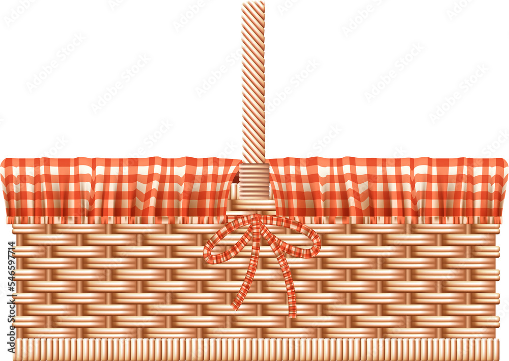 Obraz premium Empty Wicked Rattan Picnic Basket With Checkered Linen. Photo Realistic 3d Illustration