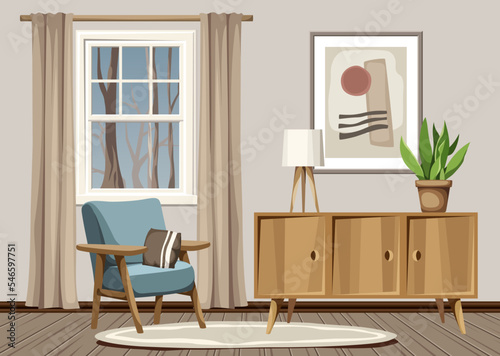 Autumn living room interior with an armchair, a dresser, an abstract painting, and a sansevieria plant (snake plant). Evening room interior. Cartoon vector illustration