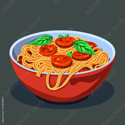 Vector design of a bowl of spaghetti with tomato sauce and basil isolated on a gray background