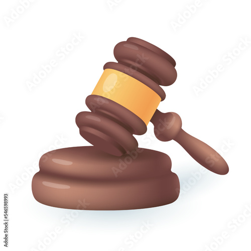 Wooden judges gavel on soundboard 3D icon. Old hammer of lawyer for judicial criminal verdict in court 3D vector illustration on white background. Justice and punishment, auction, judgment concept