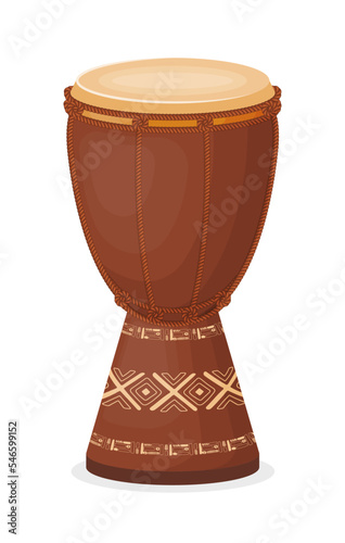 African djembe drum in cartoon style isolated on white background. Ethnic, traditional musical instrument.