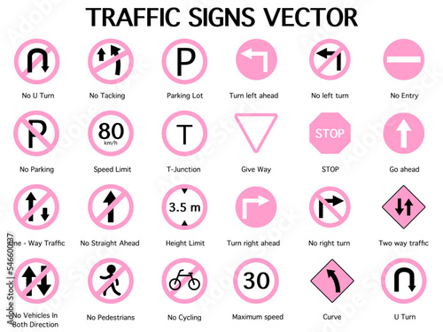 Set pink traffic signs vector, art icons