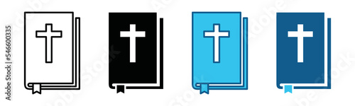 Religious book icon vector. Blue book with cross on cover icon set. Christian bible in flat and outline style. Bible symbol illustration 