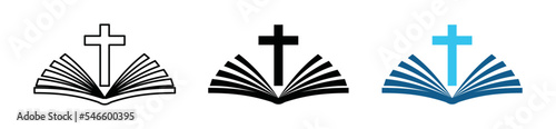 Religious book icon vector. Blue book with christian cross icon set. Christian bible in flat and outline style. Bible church symbol illustration 