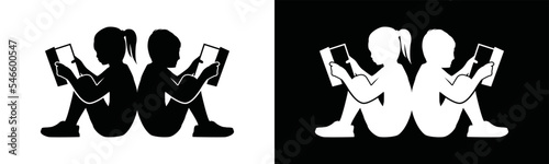 Children reading book logo design vector illustration. Little girl and boy sitting reading book icon logo vector. Learn to read books in black and white background