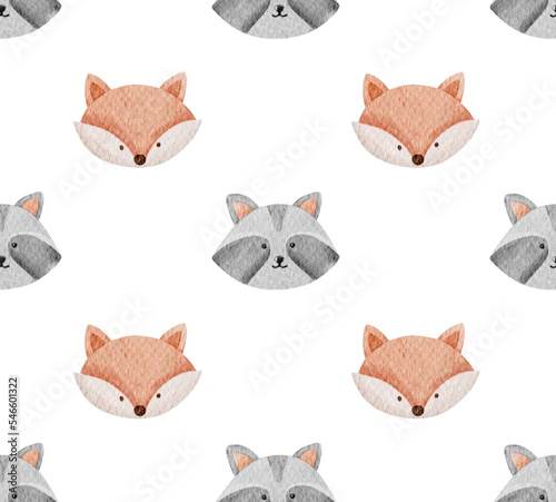 Watercolor cute fox and rac...