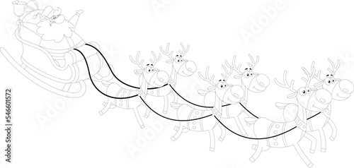 Outlined Happy Santa Claus Cartoon Character A Reindeers Flying In A Sleigh. Vector Hand Drawn Illustration Isolated On Transparent Background