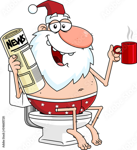 Happy Naked Santa Claus Cartoon Character In The Toilet With Newspaper And Coffee. Vector Hand Drawn Illustration Isolated On Transparent Background