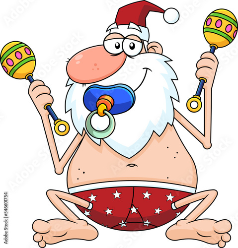 Drunk Naked Santa Claus Cartoon Character  Is Baby. Vector Hand Drawn Illustration Isolated On Transparent Background