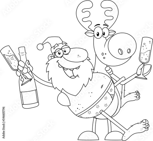 Outlined Drunk Naked Santa Claus And Reindeer Cartoon Characters Drinking Champagne On Christmas Day. Vector Hand Drawn Illustration Isolated On Transparent Background