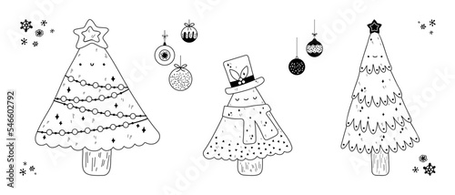 Coloring page with cute christmas trees. Black and white vector illustration.
