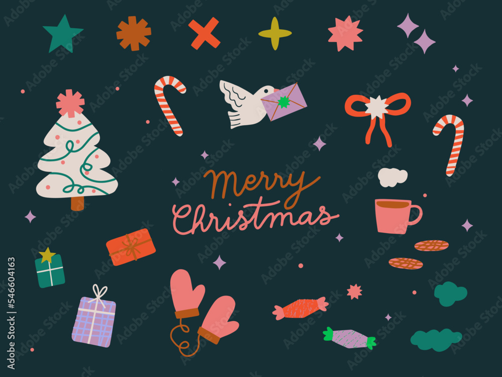 Merry Christmas, set of elements , vectors , illustration, decoration, noel , ill, cadeaux, pictos, 